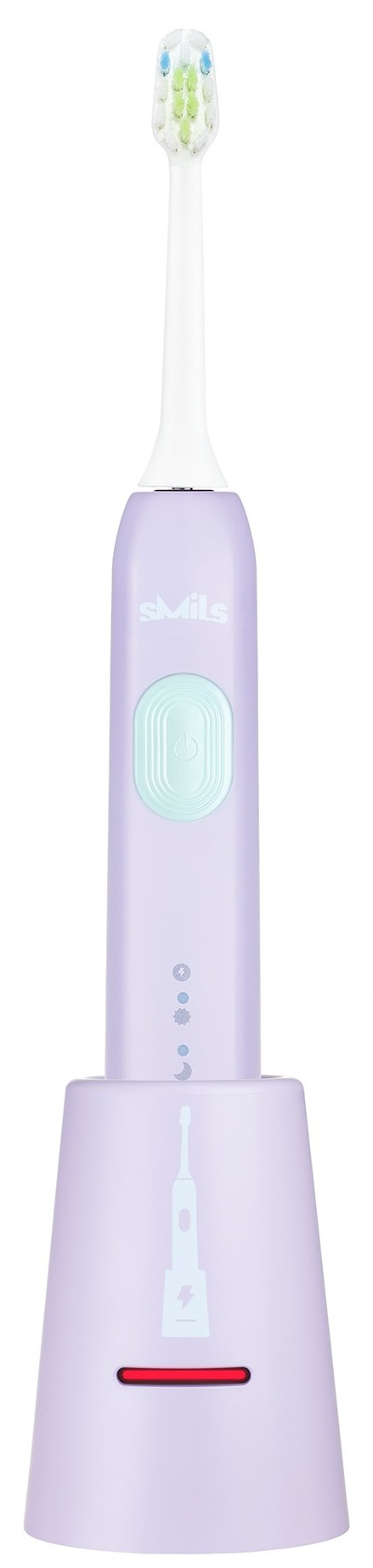 Fioletowa szczoteczka elektryczna na stacji ładującej. Przycisk zasilania i wskaźnik ładowania.