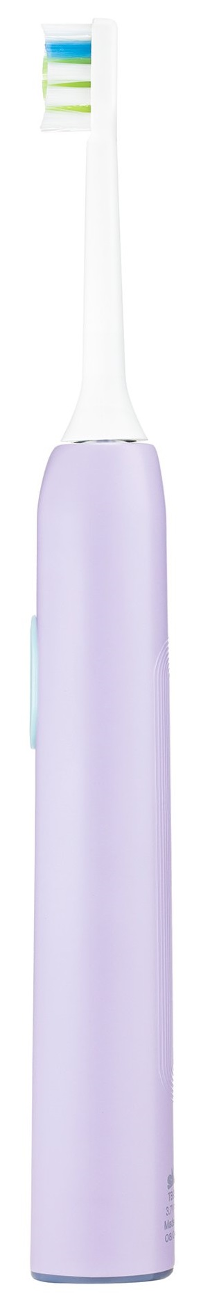 Fioletowa szczoteczka elektryczna. Posiada przycisk zasilania i wskaźniki ładowania.