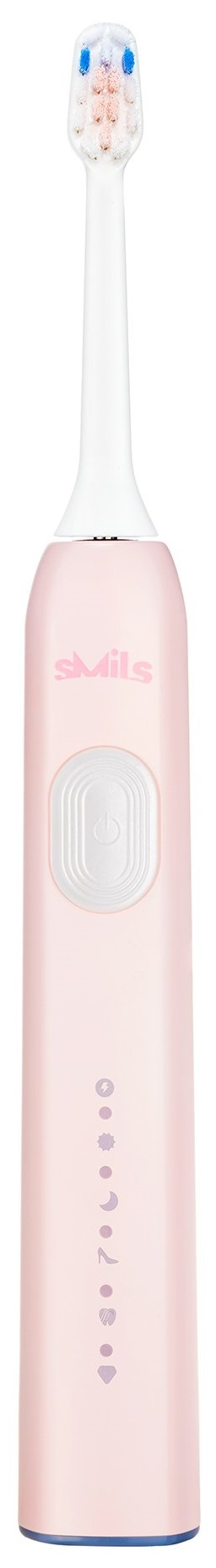 Różowa elektryczna szczoteczka do zębów z białą główką i wskaźnikiem ładowania.