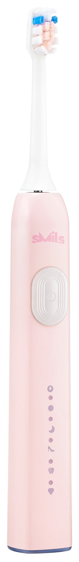 Różowa szczoteczka elektryczna. Biały przycisk zasilania i wskaźniki ładowania.