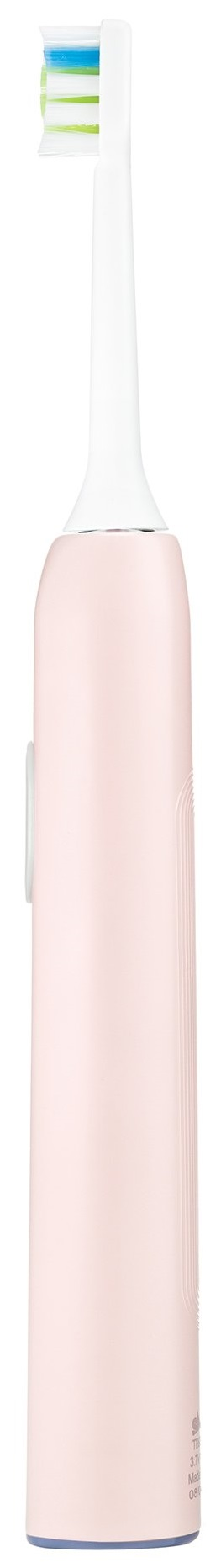 Różowa szczoteczka elektryczna z przyciskiem zasilania i wskaźnikiem ładowania.