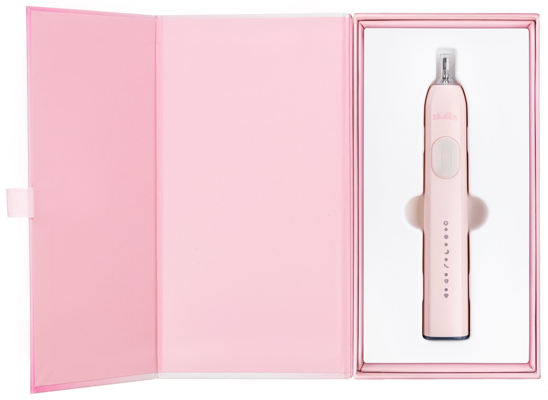 Różowa szczoteczka do zębów w pudełku. Pudełko otwarte, szczoteczka w środku.