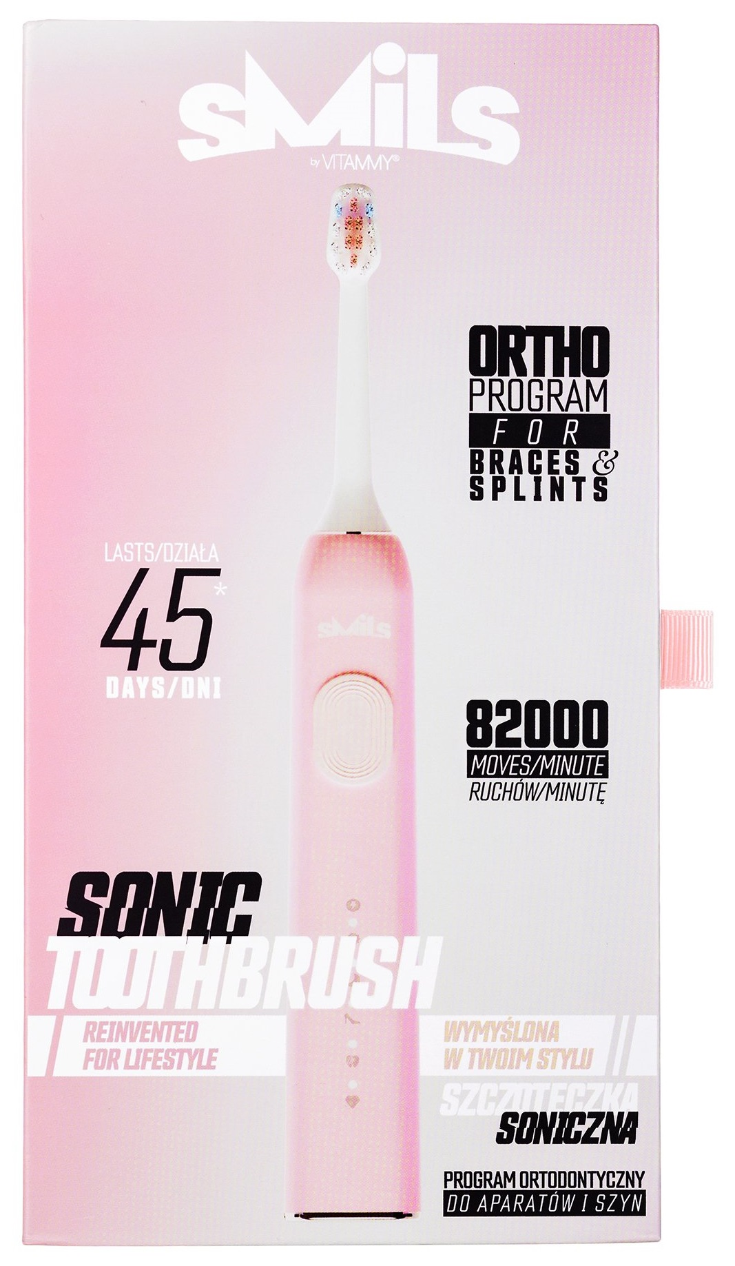 Różowe pudełko na szczoteczkę do zębów. Tekst na pudełku podkreśla cechy.