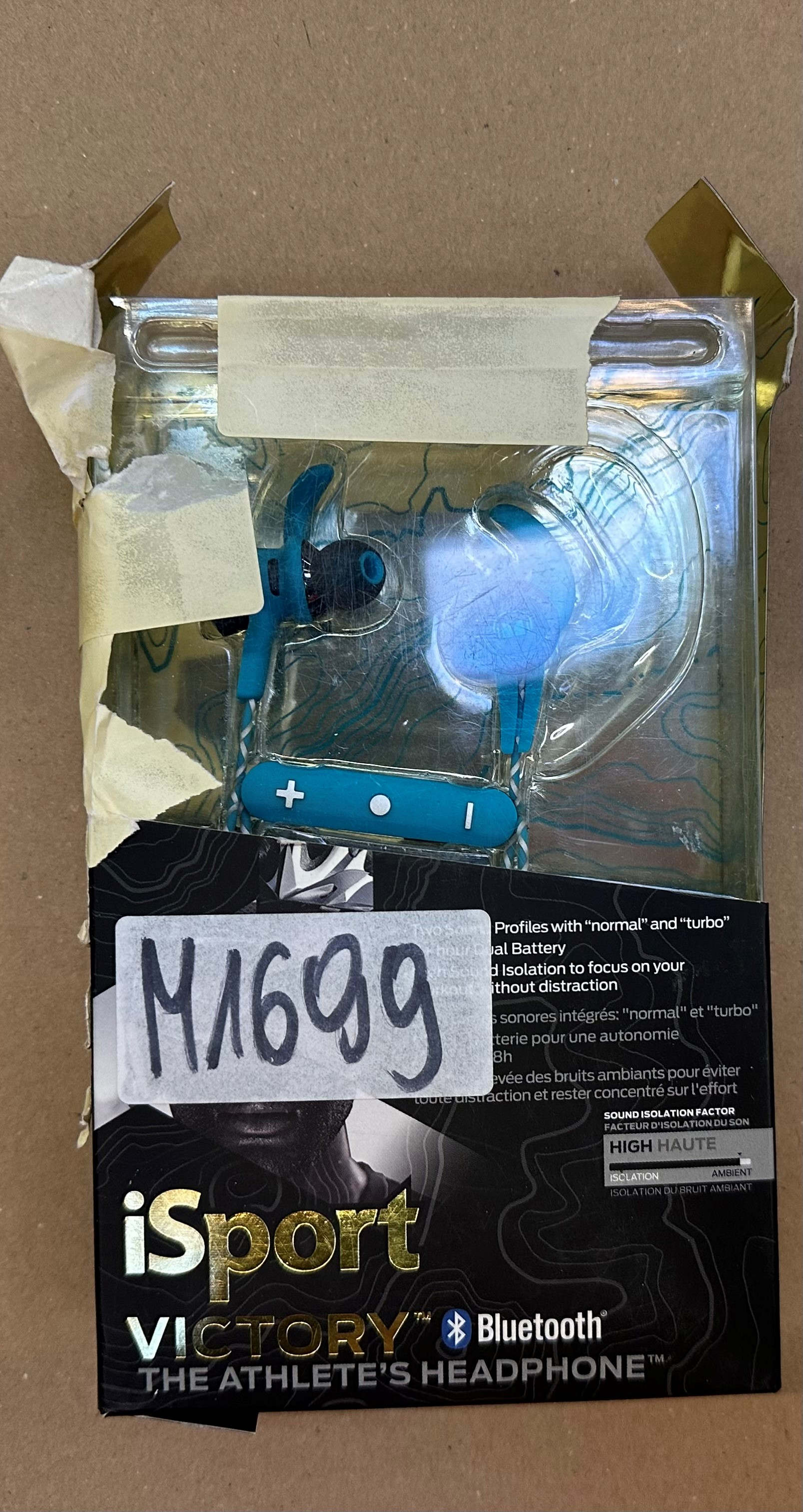 Otwarto zapieczętowane pudełko słuchawek, pokazując niebieskie i turkusowe słuchawki z białymi detalami.