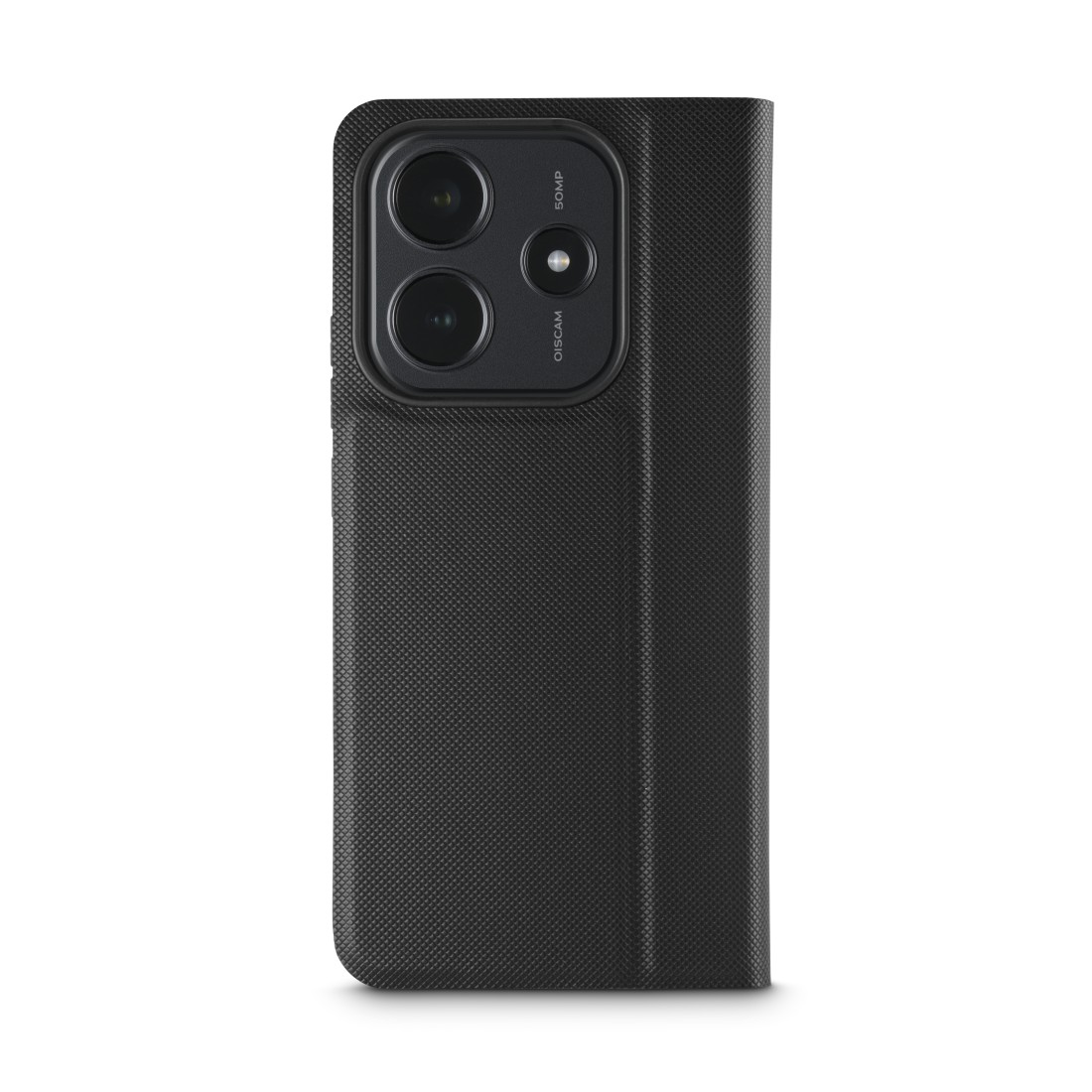 Ein schwarzes Telefon mit einer schwarzen Hülle. Die Hülle hat zwei Kameralinsen und den Text 
