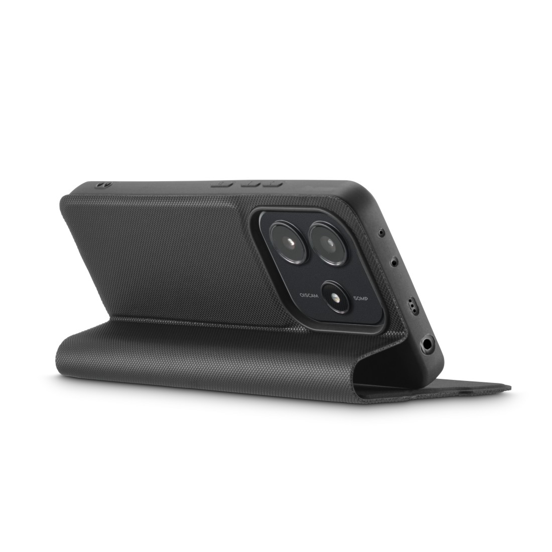 Schwarze Handyhülle geöffnet, mit Telefon darin. Zeigt Kamera und Knöpfe. Weißer Hintergrund.