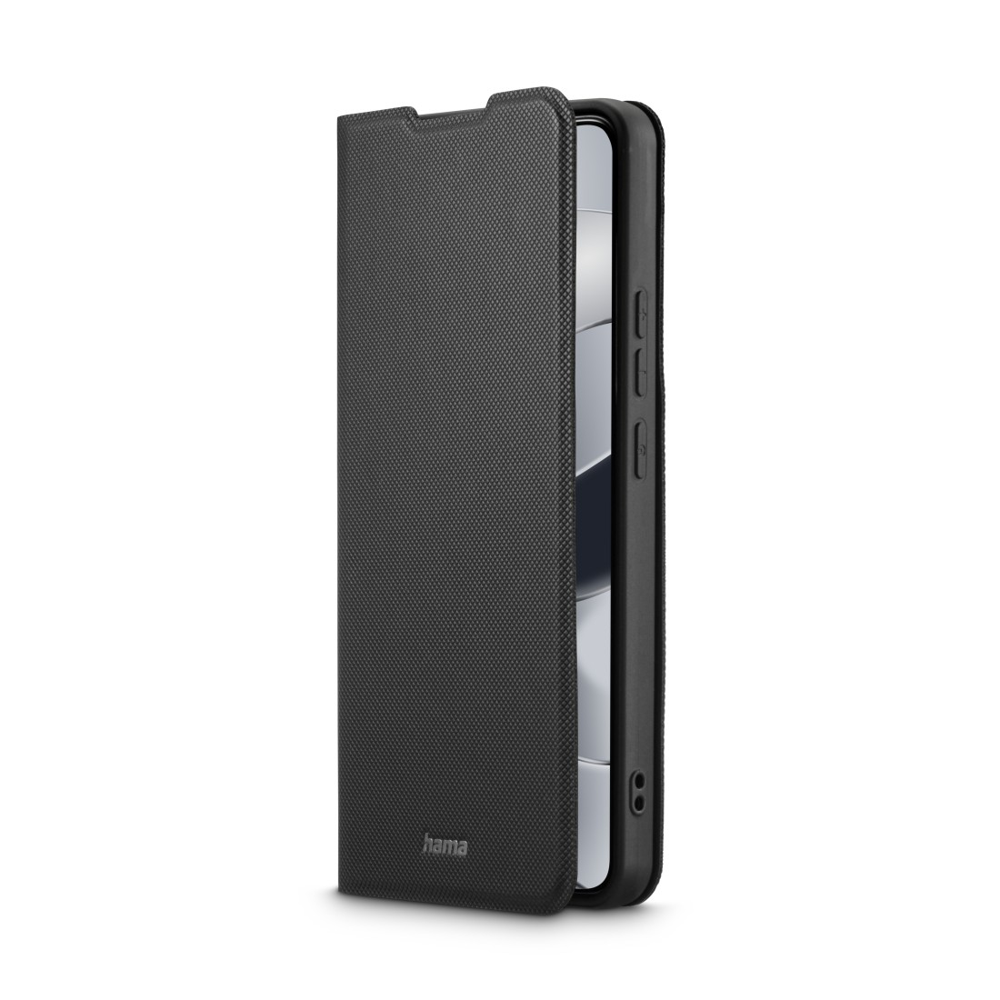 Schwarzes Telefon in einer schwarzen Hülle, teilweise geöffnet, zeigt den Bildschirm des Telefons.