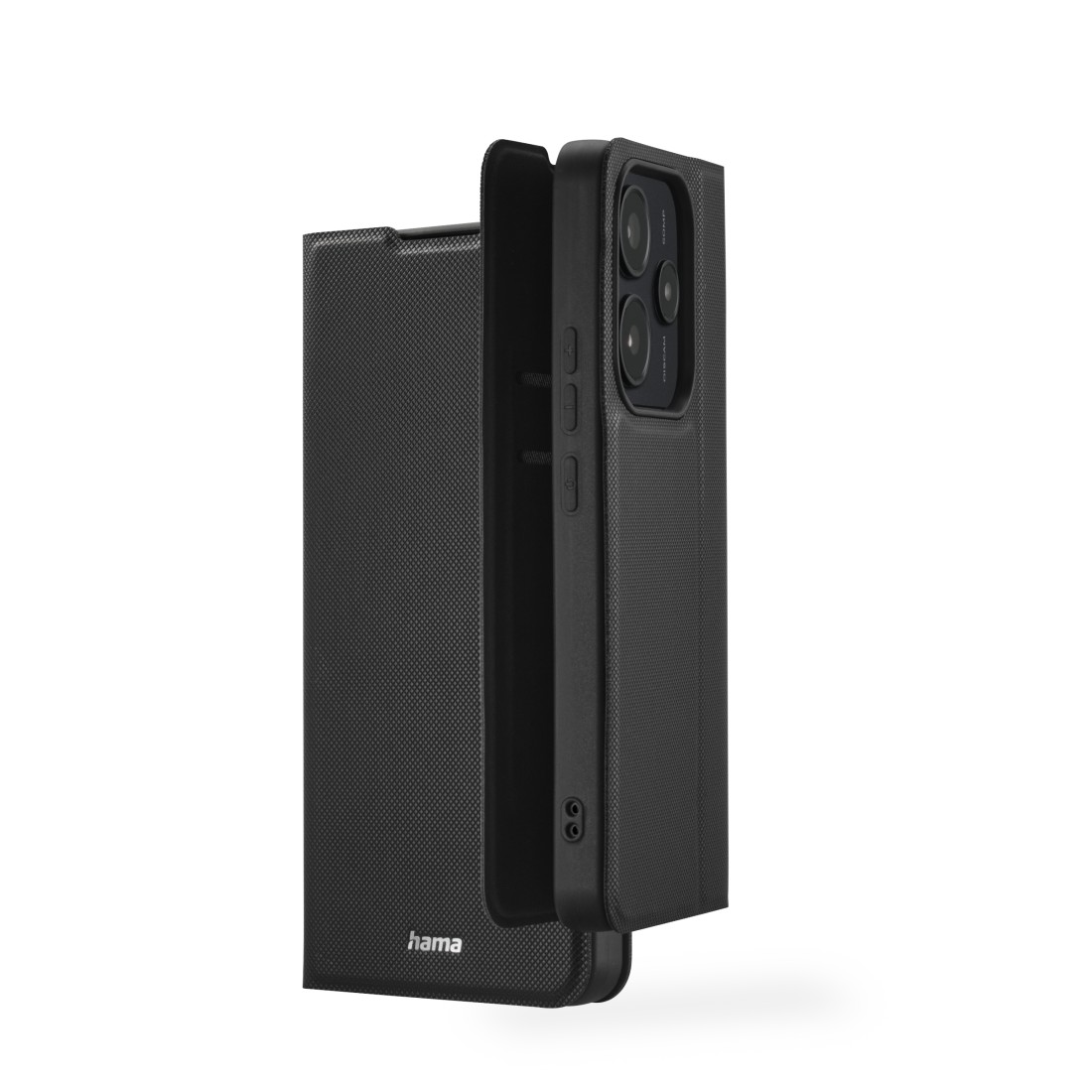 Schwarze Handyhülle geöffnet, schräge Ansicht. Telefon innen. Zeigt Kamera und Knöpfe. Weißer Hintergrund.