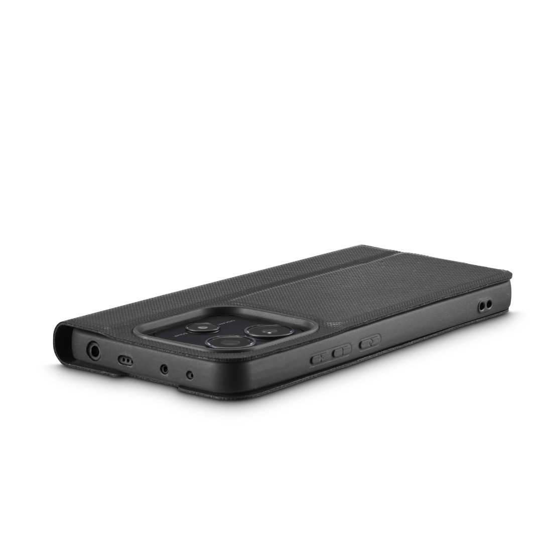 Schwarzes Telefon in einer Hülle, geneigt. Die Hülle hat Kameralinsen, auf weißem Hintergrund.