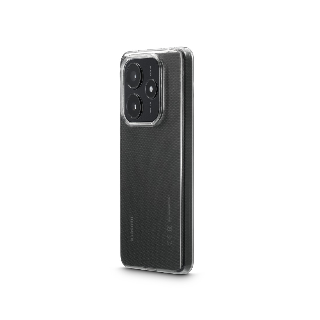 Ein schwarzes Telefon mit transparentem Gehäuse, drei Kameras und Xiaomi-Logo.