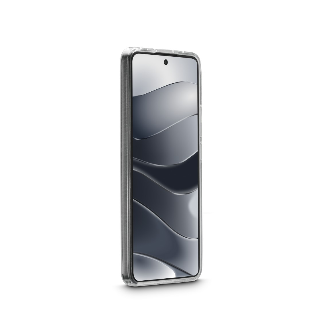 Telefon in klarer Hülle, mit wellenförmigem, abstraktem Design auf dem Bildschirm.