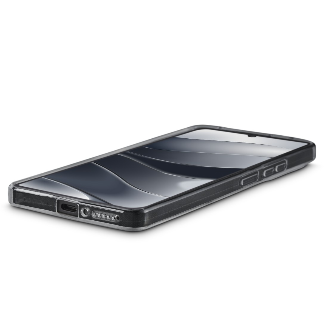 Telefon mit transparenter Hülle, liegt auf einer weißen Oberfläche. Zeigt die Unterseite des Telefons.