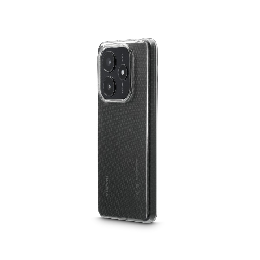 Telefon in einer Hülle. Schwarzes Telefon mit Kameramodul. Xiaomi-Logo, schwarzer strukturierter Hintergrund.