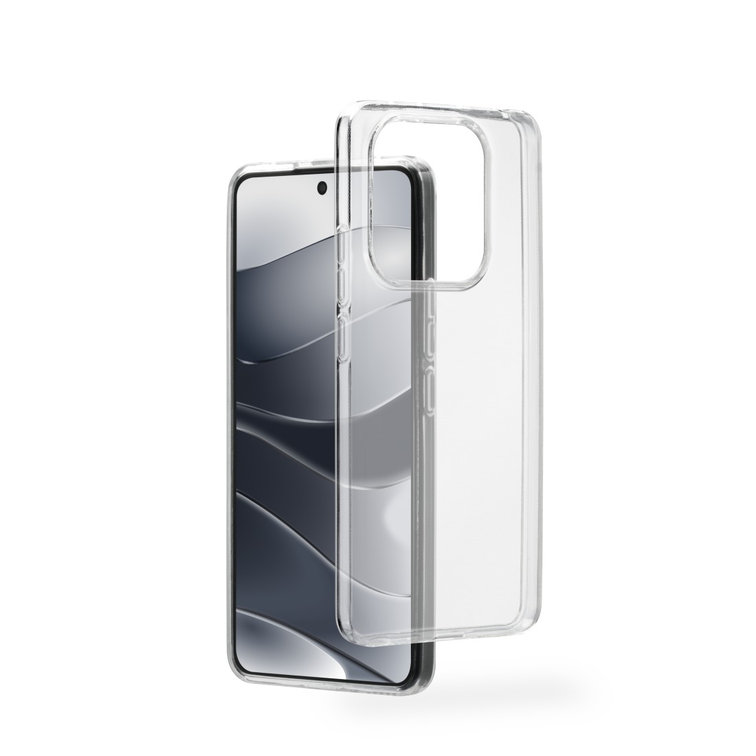 Transparente Handyhülle neben einem Handy auf weißem Untergrund.
