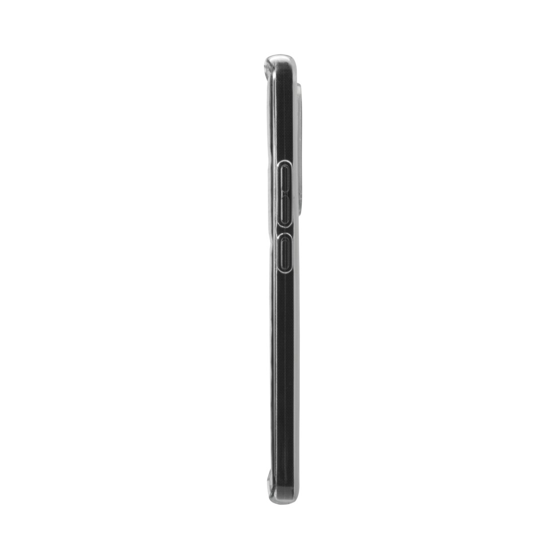 Telefon mit transparenter Hülle, Seitenansicht. Zeigt die Knöpfe und den Rand der Hülle. Weißer Hintergrund.
