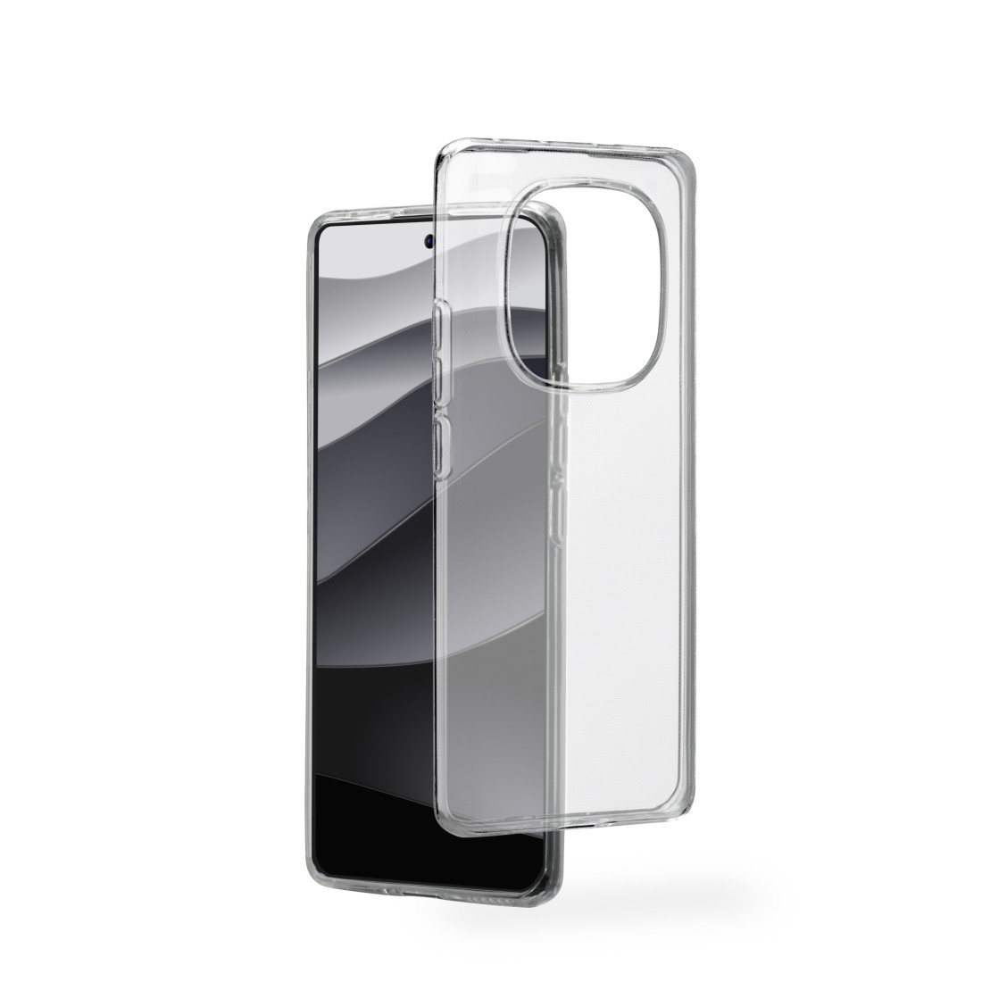 Telefon und transparente Hülle. Telefon ist schwarz mit grau gestreiftem Hintergrund. Hülle ist transparent.