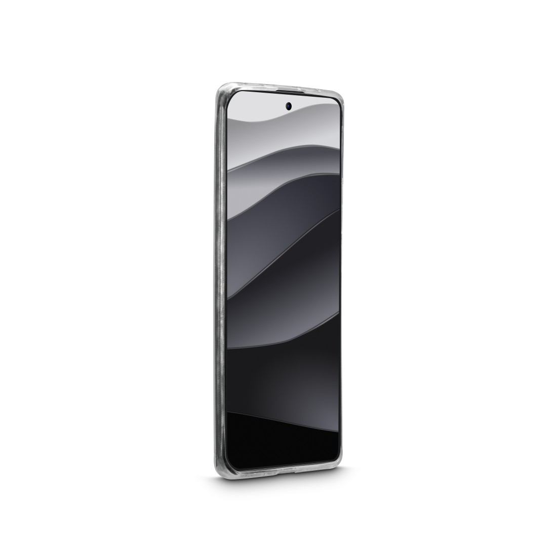 Ein Smartphone mit Farbverlauf-Bildschirm und silbernem Rahmen auf weißem Hintergrund.