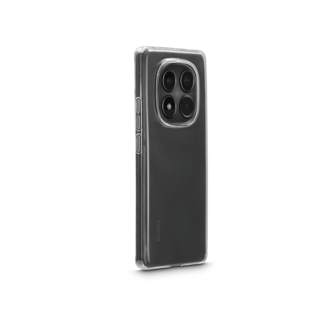 Telefon in einer Hülle. Schwarzes Telefon, Hülle. Vier Kameralinsen. Redmi-Logo. Weißer Hintergrund.