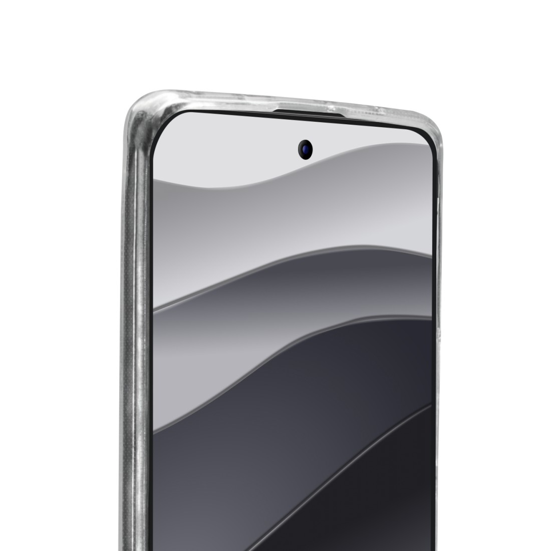 Nahaufnahme eines Smartphones mit durchsichtiger, silberner Hülle, wellenförmiges Hintergrundbild sichtbar.