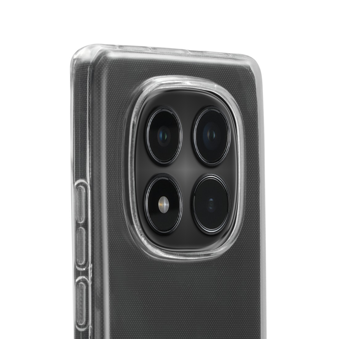 Nahaufnahme des Telefonkameramoduls. Vier Linsen, transparente Hülle. Weißer Hintergrund.