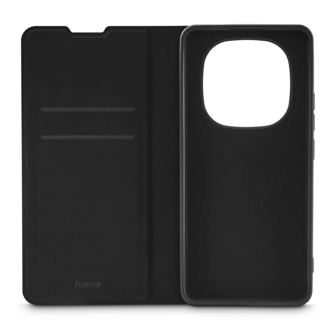 Schwarze, offene Brieftasche für ein Telefon mit Kartenfach.