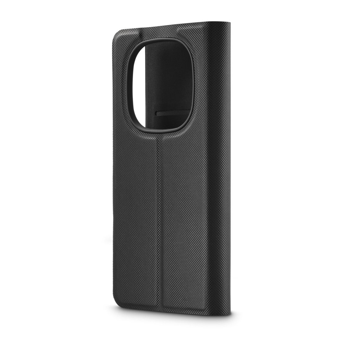 Telefonhülle, schwarz, offen. Strukturierte Außenseite, Innenraum sichtbar. Weißer Hintergrund.