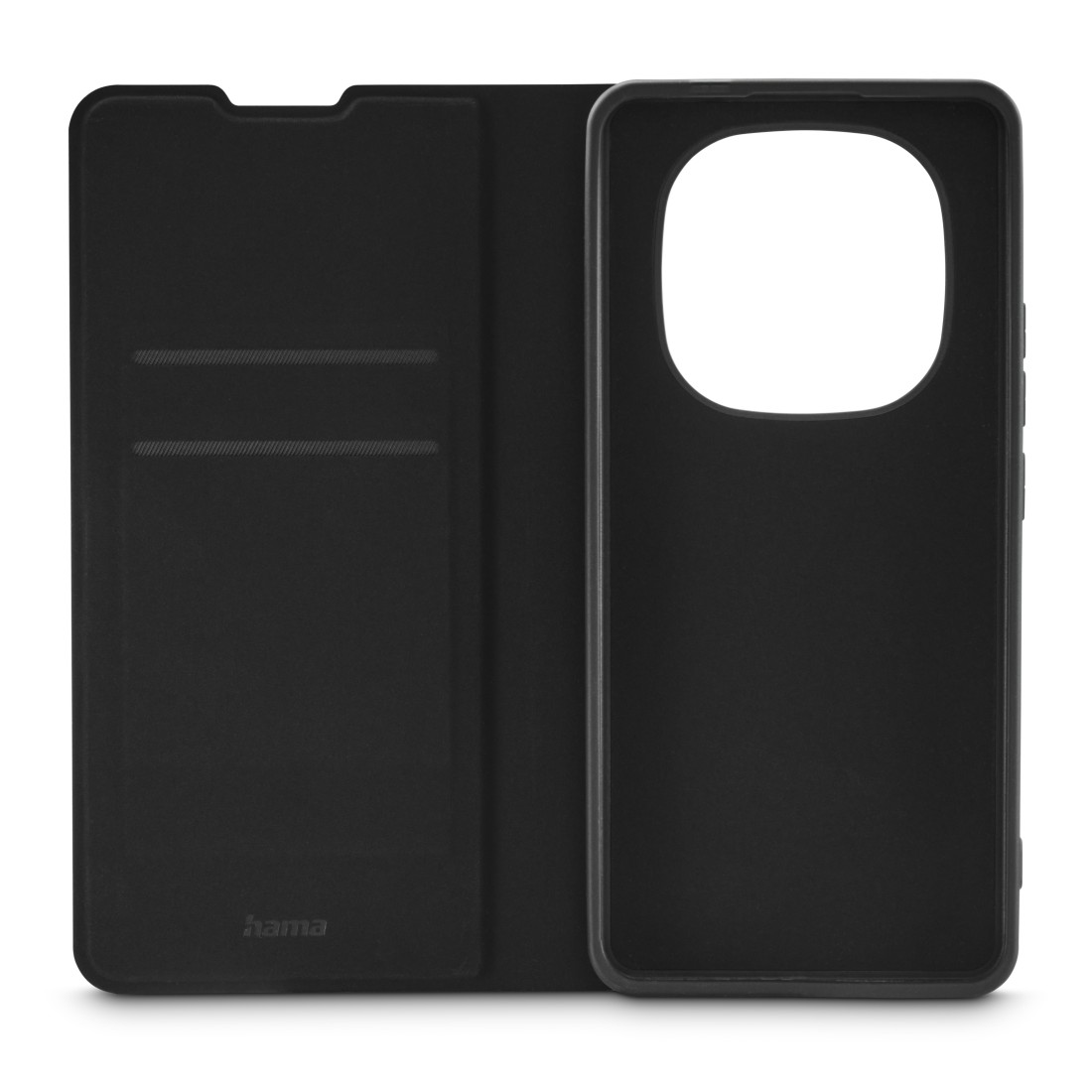 Geöffnete schwarze Handyhülle, Innenseite mit Kartenfächern und Handyhalterung. Weißer Hintergrund.