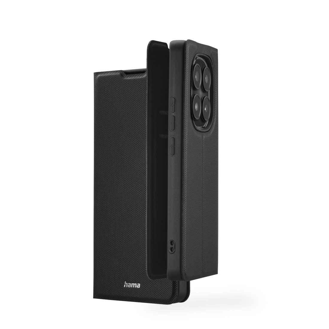 Schwarze Handyhülle, offen, zeigt ein Telefon und die Hülle.