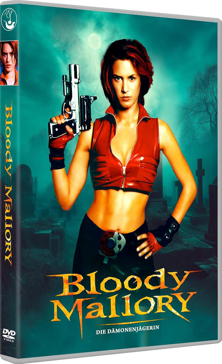 DVD-Hülle mit einer Frau, die eine Waffe hält, auf einem Friedhof.