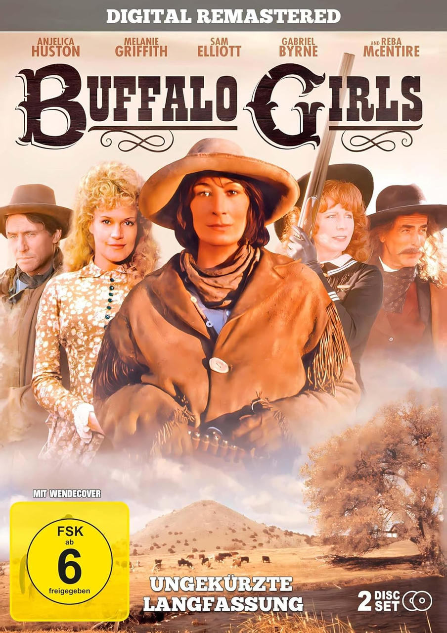 DVD-Cover von 'Buffalo Girls' mit mehreren Schauspielern in Cowboy-Kleidung, Text und Bildern.