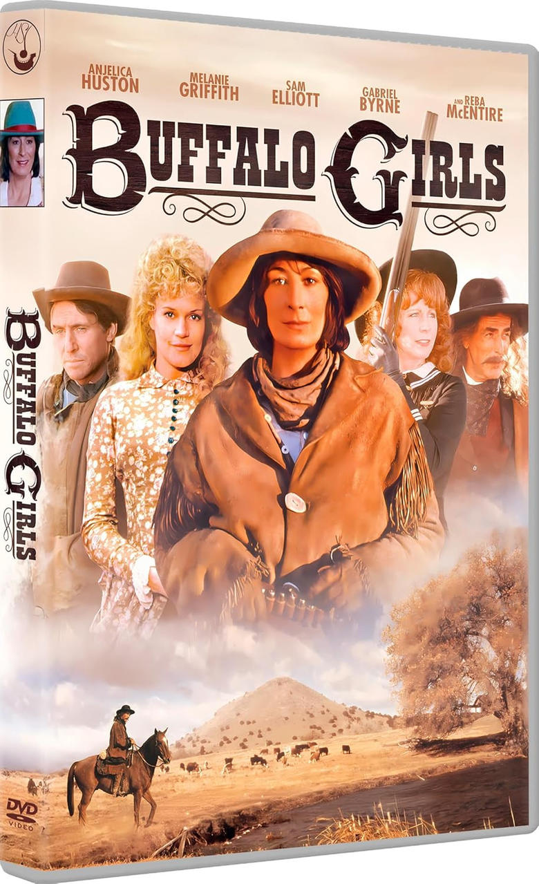 DVD-Cover mit Schauspielern, einem Pferd und einer Landschaft. Der Titel lautet Buffalo Girls.