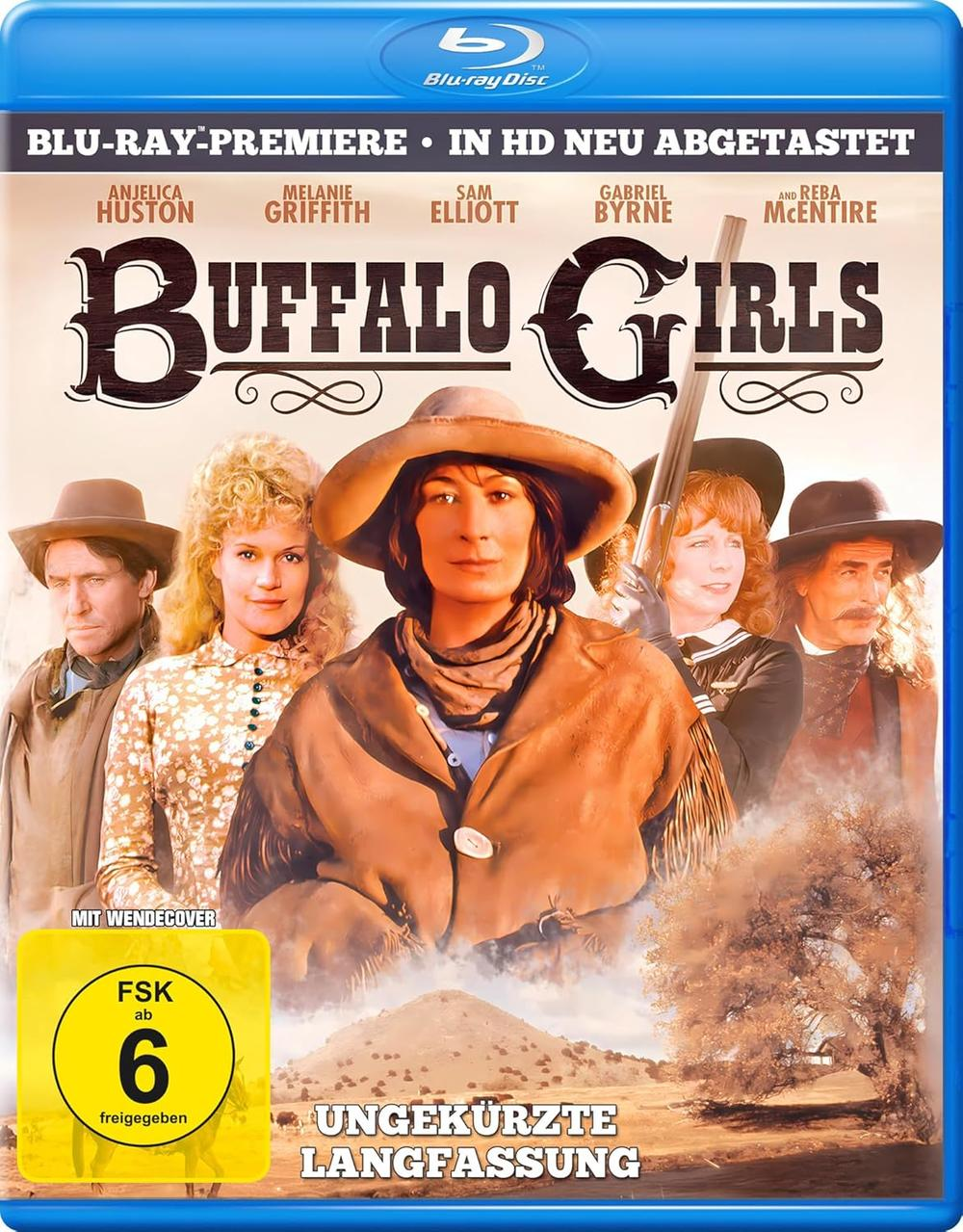 Blu-ray-Cover für den Film 'Buffalo Girls'. Enthält Fotos der Besetzung und einen Western-Hintergrund.