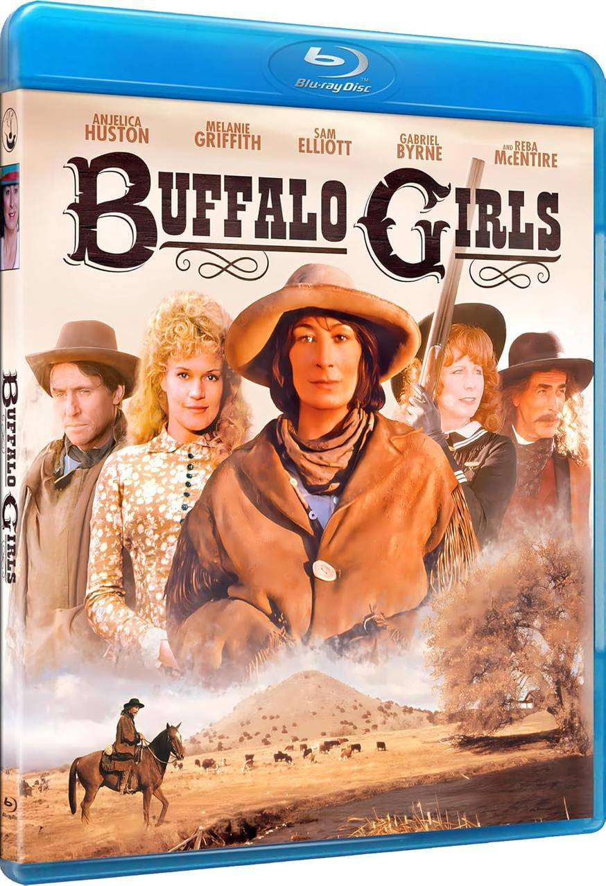 Filmcover, Buffalo Girls, mit mehreren Schauspielern in Westernkleidung vor einer Landschaft.