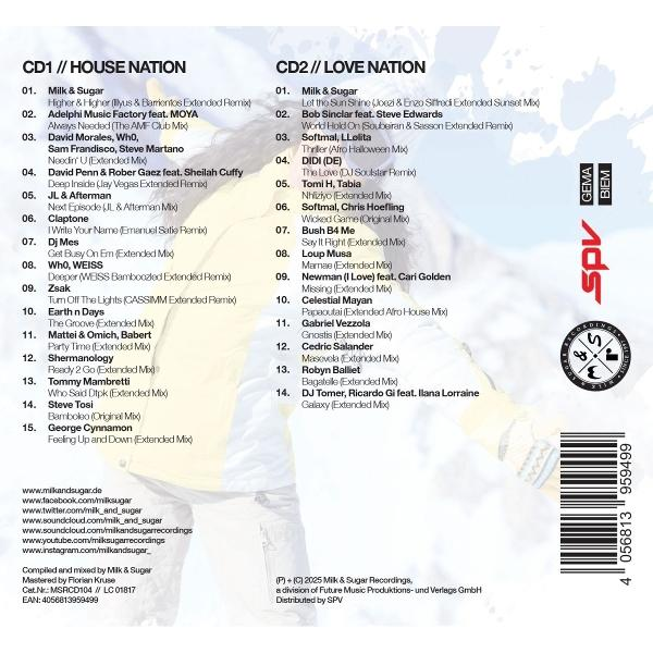 CD-Cover mit einer Liste von Songs und Albumdetails. Der Titel lautet Milk & Sugar House Nation.
