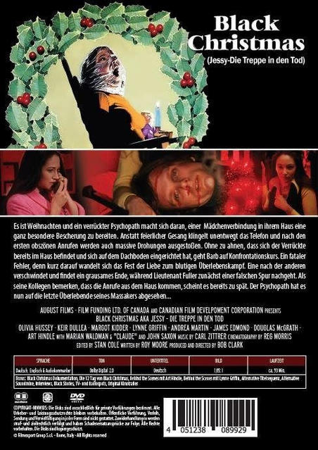 Rückseite der Black Christmas DVD. Das Poster zeigt eine Frau mit Schal und Text.
