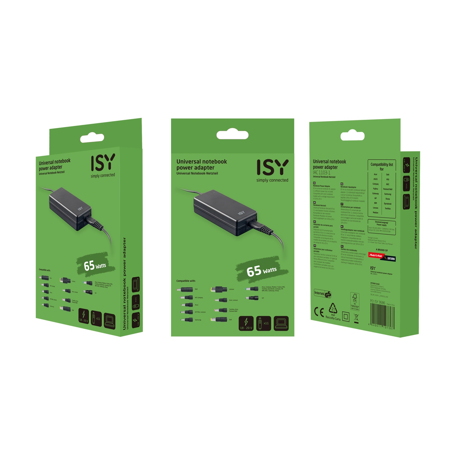 Tre viste di un adattatore di alimentazione ISY verde per laptop.