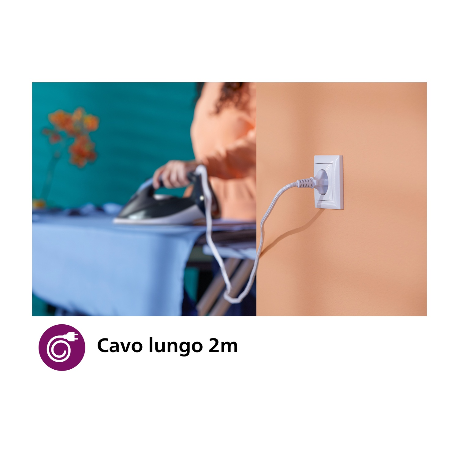 Un ferro da stiro su un'asse da stiro con una presa a muro e un simbolo di cavo da 2m, il tutto su sfondo arancione.