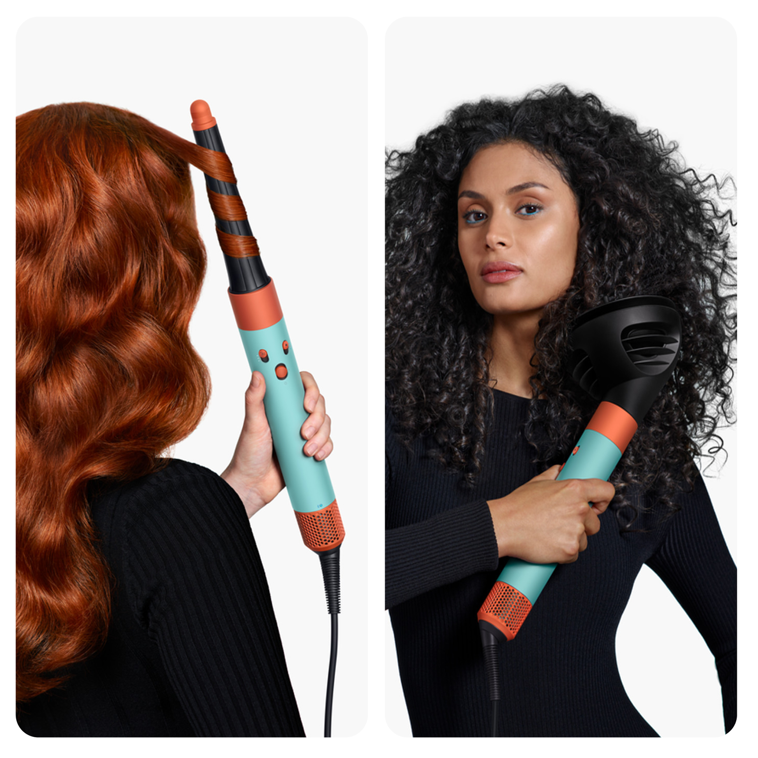 Woman curling red hair with a styler, and another woman holding the device with a diffuser attachment.