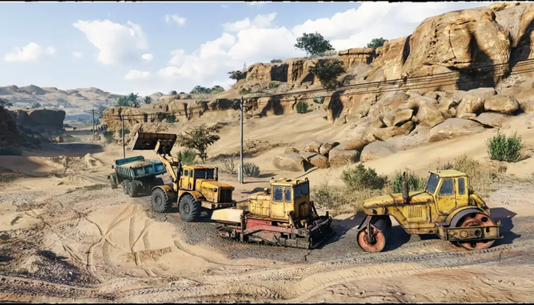 Gele bouwmachines in een woestijnlandschap, waaronder een vrachtwagen en een bulldozer.