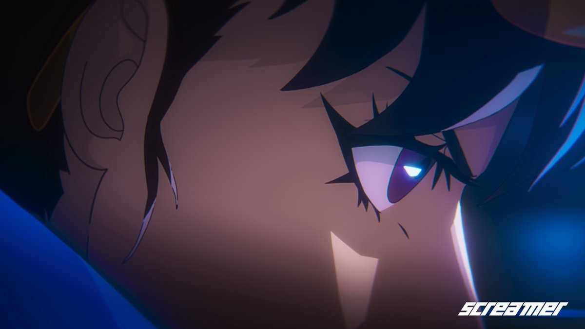 Close-up van een oog van een persoon, in anime-stijl, in blauwe en paarse tinten.