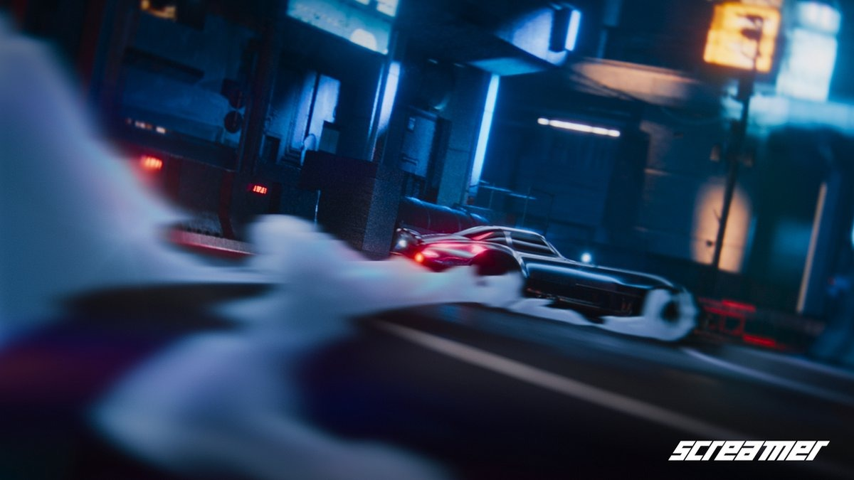 Futuristische auto die door de straten van de stad scheurt.