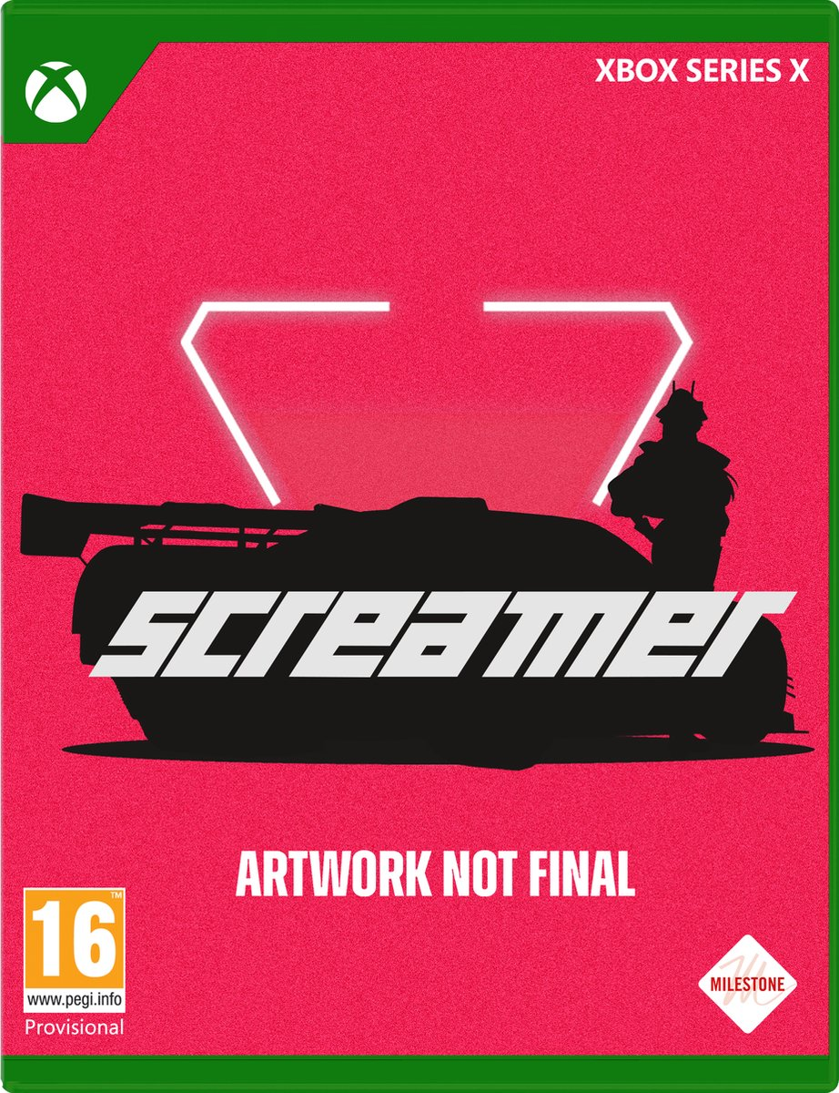 Videogame-omslag. Tanksilhouet en een figuur tegen een roze achtergrond.