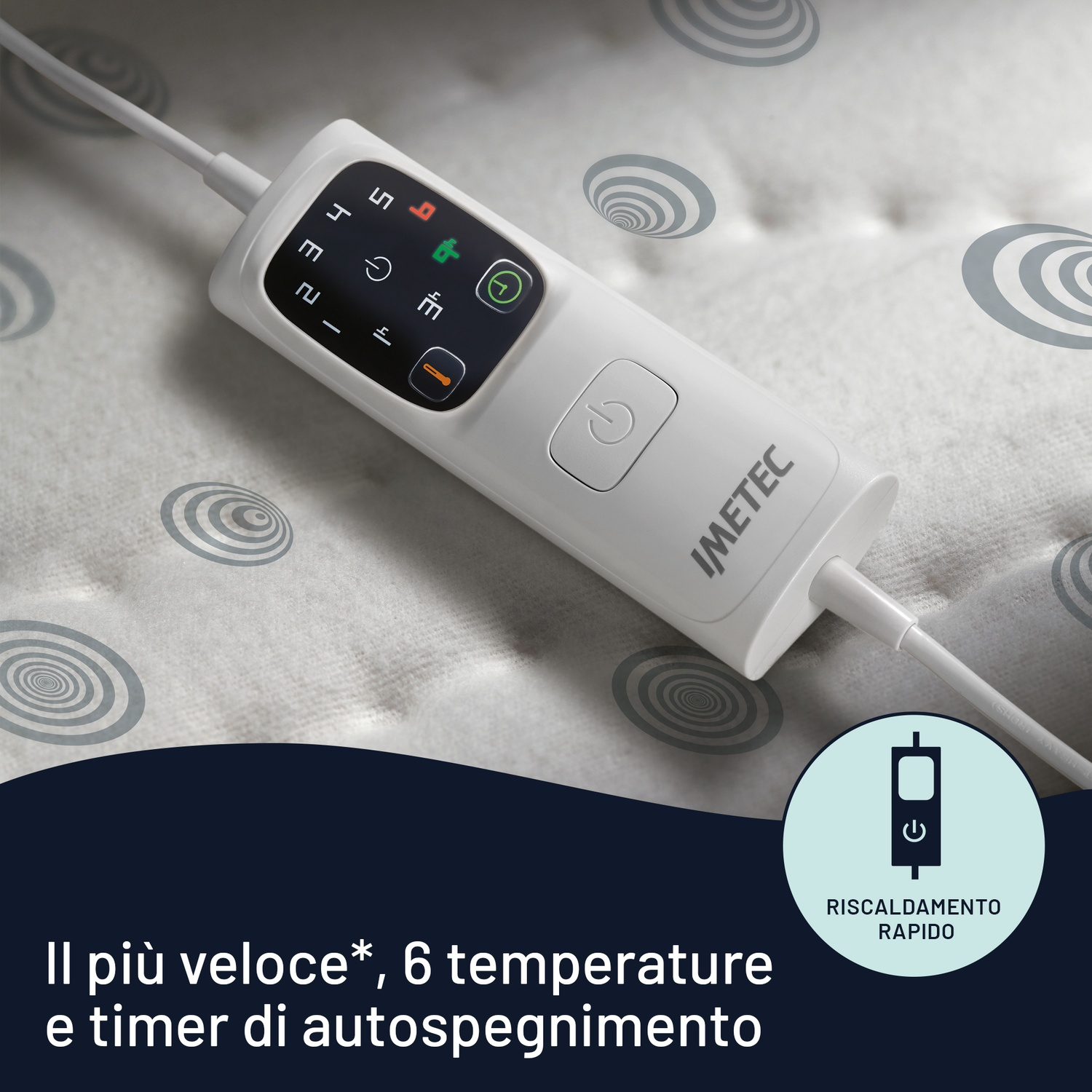 Pannello di controllo della coperta elettrica bianca con pulsanti e schermo. Cerchi sullo sfondo.
