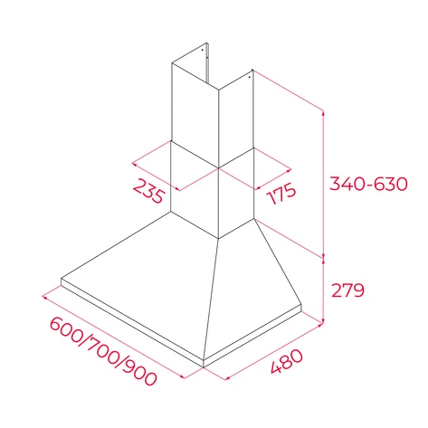 Un dibujo técnico muestra las dimensiones de una campana extractora.
