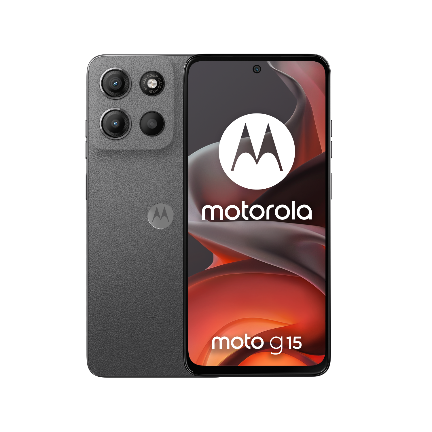 Grijze Motorola moto g15 telefoon, voor- en achteraanzicht. Zwarte achtergrond. Motorola-logo en Moto G15 zichtbaar.