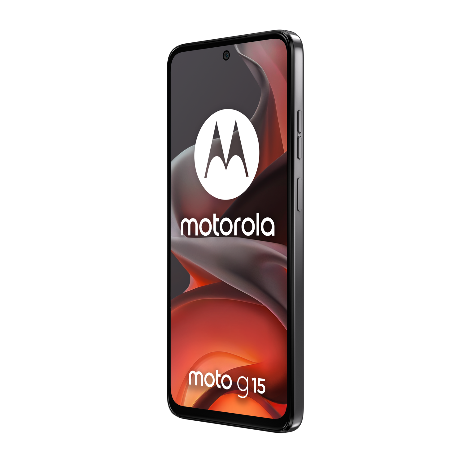 Een Motorola Moto G15 smartphone op een zwarte achtergrond, met wit Motorola logo.