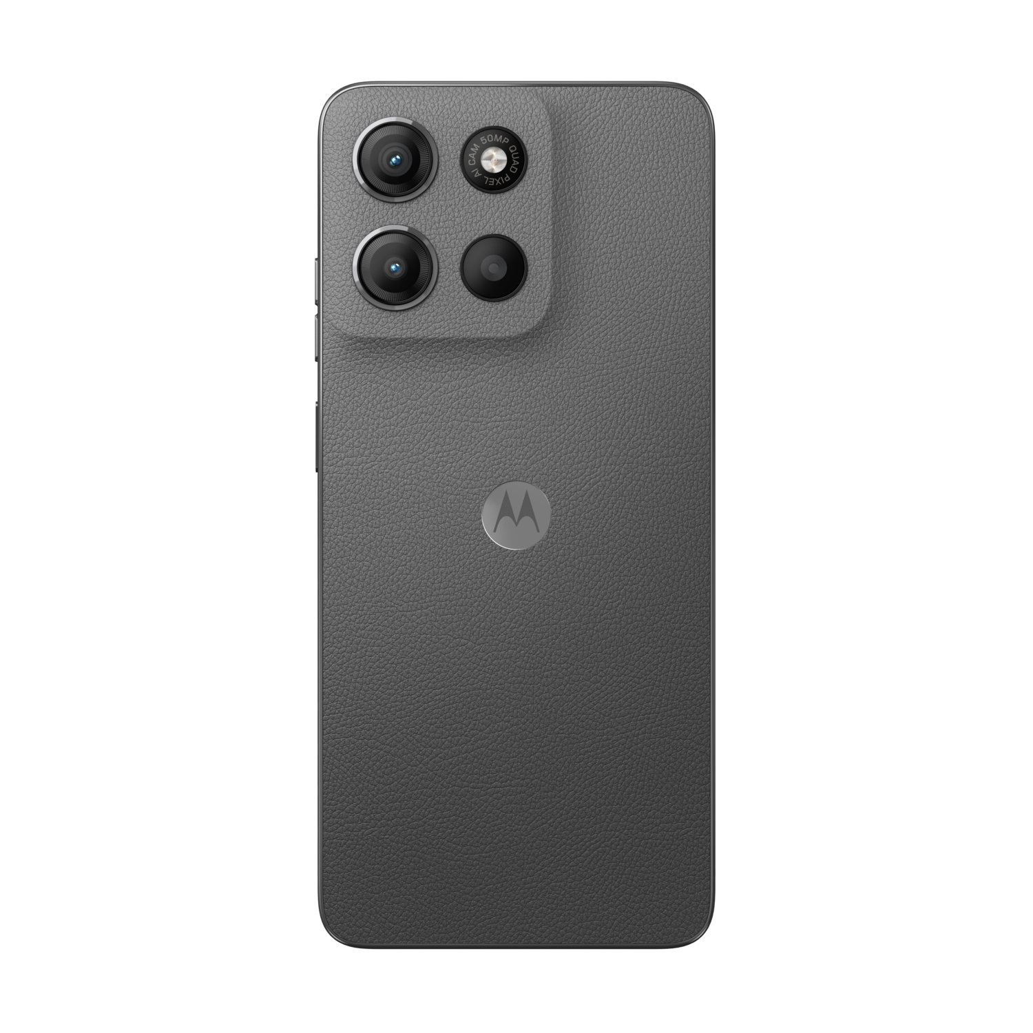 Grijze telefoonachterkant met 4 camera's en een metalen logo op een zwarte achtergrond.