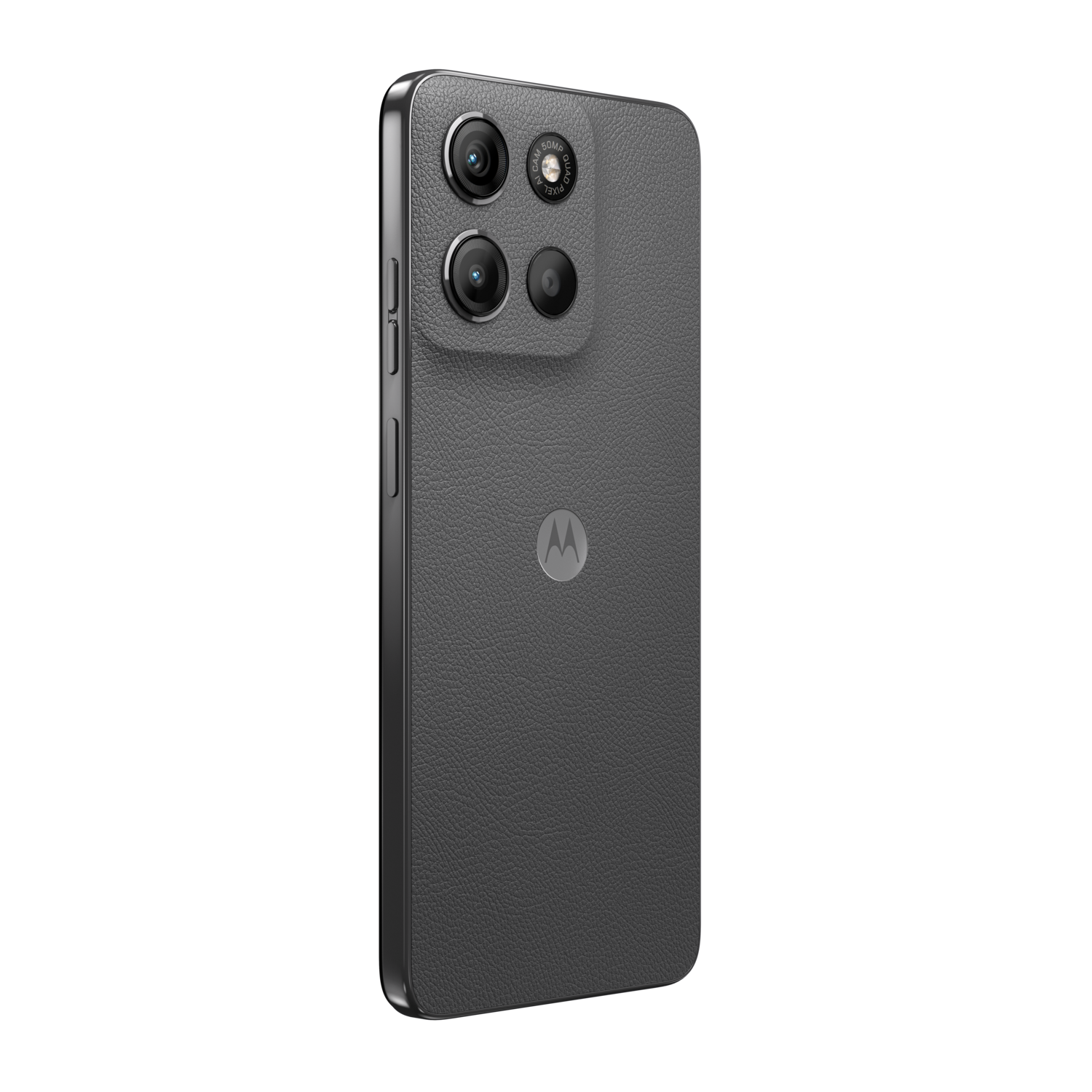Grijze Motorola moto g15 telefoon, achteraanzicht, zwarte achtergrond, camera en Motorola-logo zichtbaar.