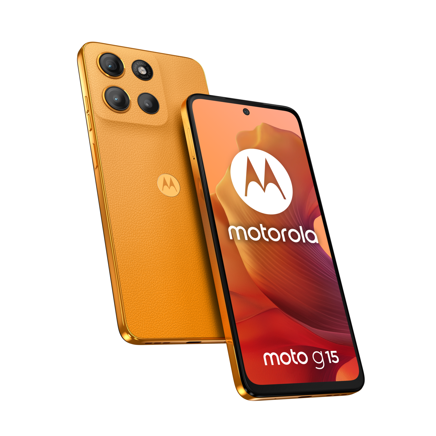 Oranje telefoon met een zwarte cameramodule en een wit Motorola-logo op een zwarte achtergrond.