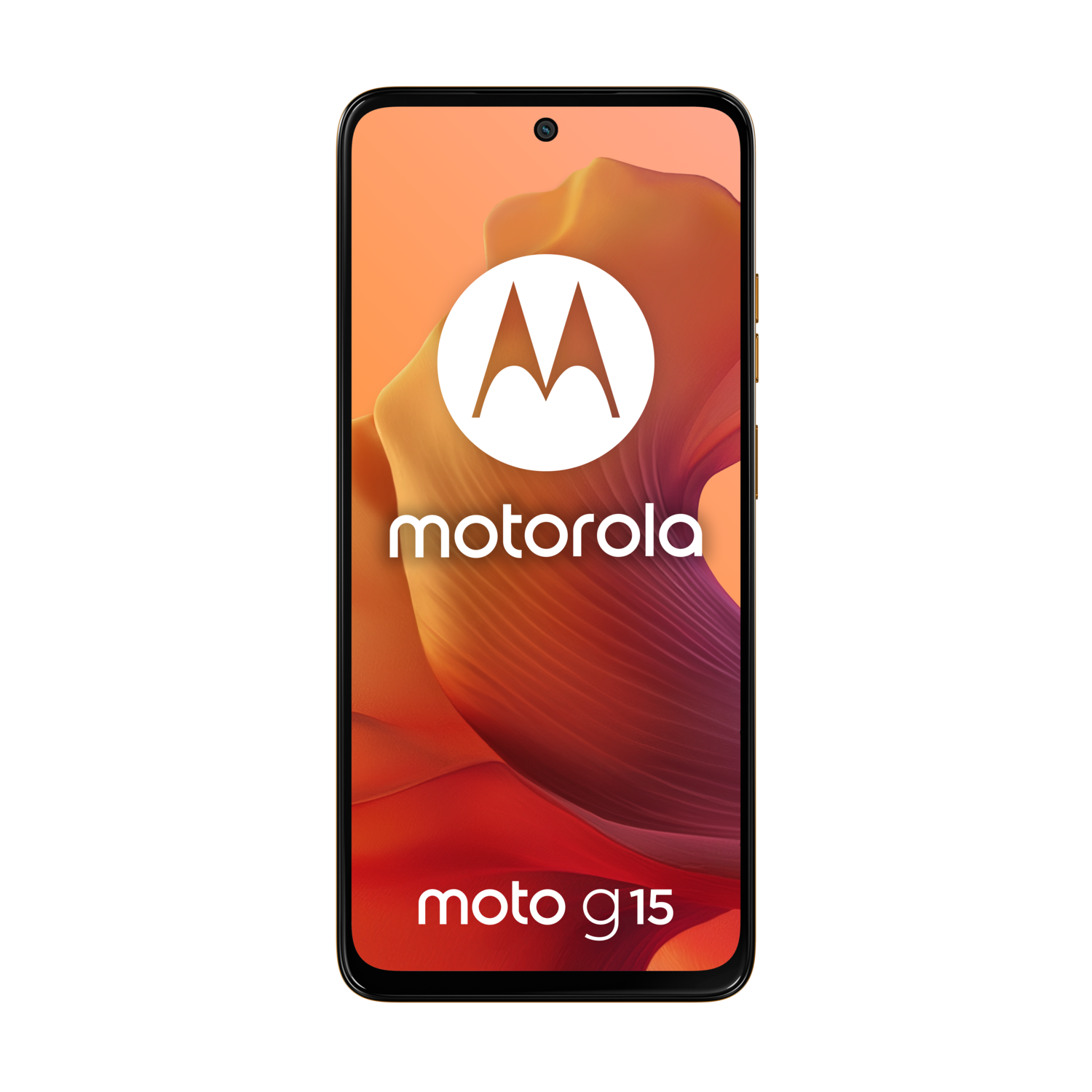 Oranje Motorola moto g15 telefoon, vooraanzicht, zwarte achtergrond, Motorola-logo en Moto G15 zichtbaar.